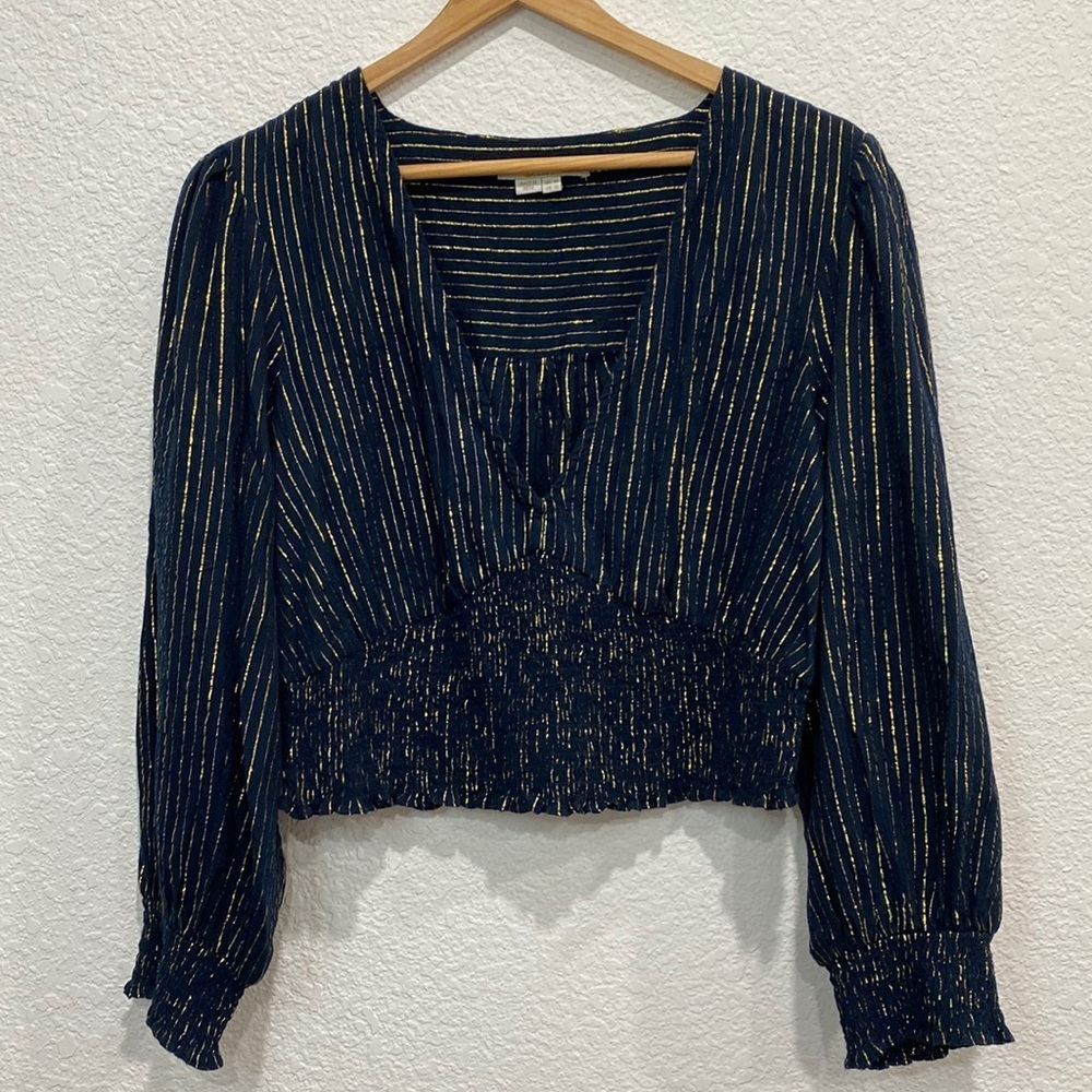 Boden Lurex Blue Metallic Gold Stripe Long Sleeve Smocked Crop Top Size 10